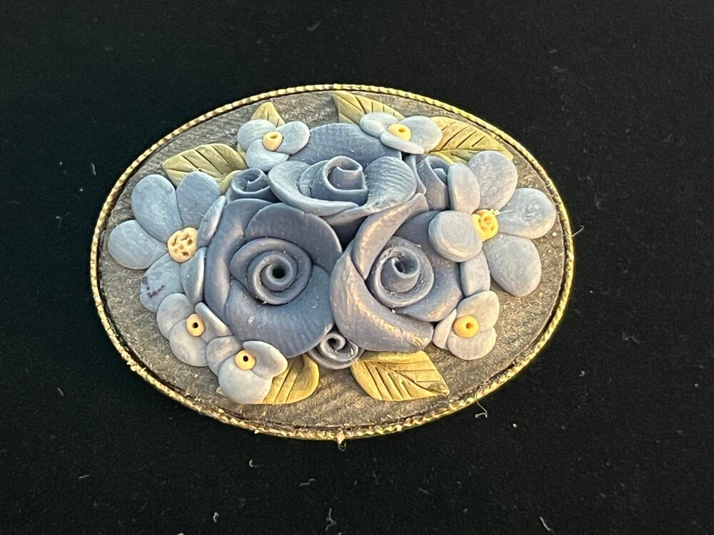 VTG Blue Floral Brooch Silver Toned Backing